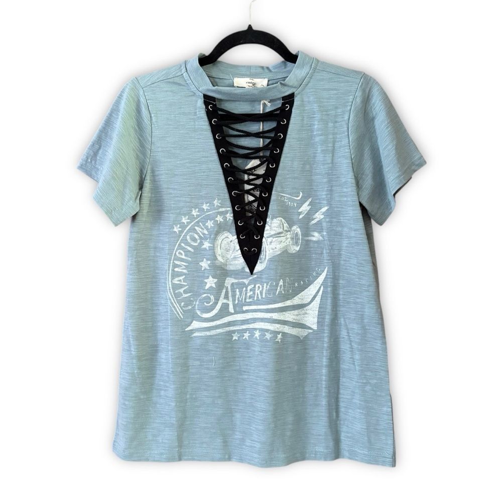 Entro Light Blue Lace Up Graphic Tee NWT Size Small Edgy